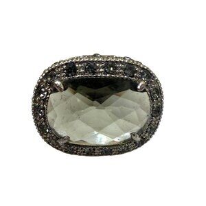 Monet Silver-Tone Cocktail Ring With Smoky Gemstone & Crystal  Size 8